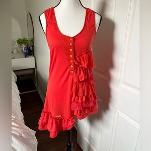 Khujo Asymmetrical Ruffle Tank Top | Coral Orange Button Front | Size XL